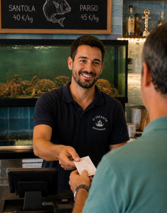 Um empregado de mesa entrega um recibo de compra a um cliente num restaurante do Algarve
