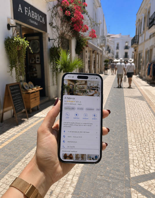 Uma mão a segurar um smartphone, no qual se vê a ficha do Google Business Profile de um negócio do Algarve