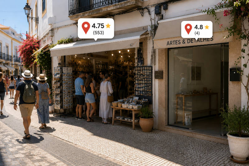 Duas lojas numa rua do Algarve. Uma tem clientes e a outra não.