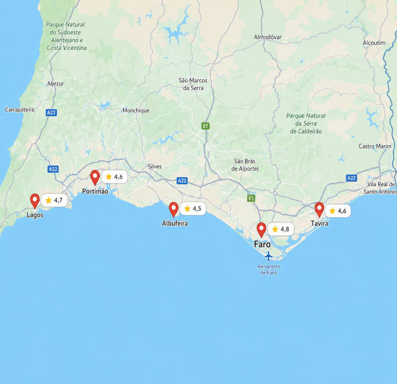 Mapa do Algarve com cidades e localizações do Google Maps