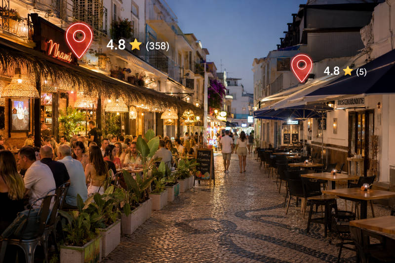 Dois restaurantes numa rua do centro. Um tem muitas avaliações no Perfil do Google Business e está cheio. O outro tem poucas e está vazio.