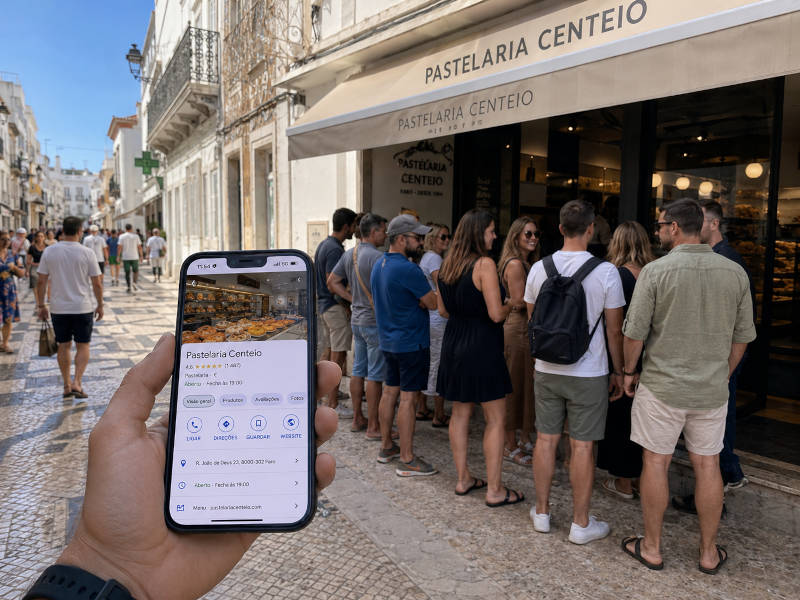 Uma pastelaria do Algarve com vários clientes à espera à porta