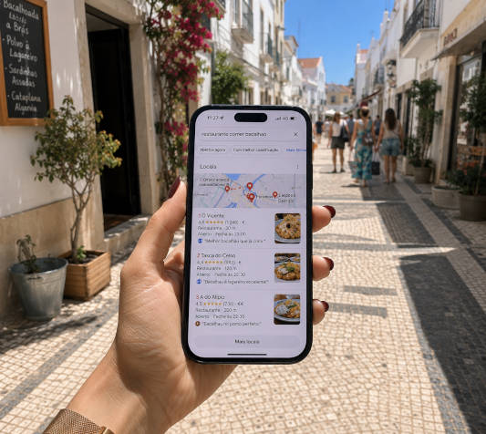 Mulher a passear pelo Algarve enquanto segura um smartphone e procura um restaurante no Google. Vista em primeira pessoa.