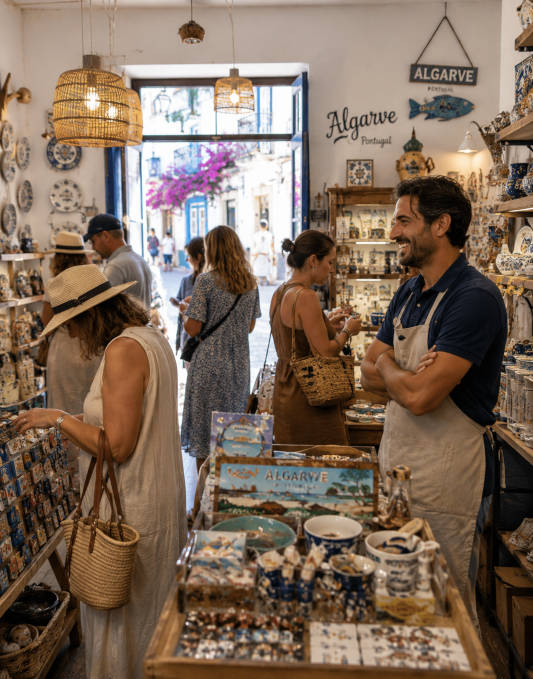 Loja de lembranças numa cidade do Algarve. Há vários clientes a fazer compras e o proprietário sorri, satisfeito.